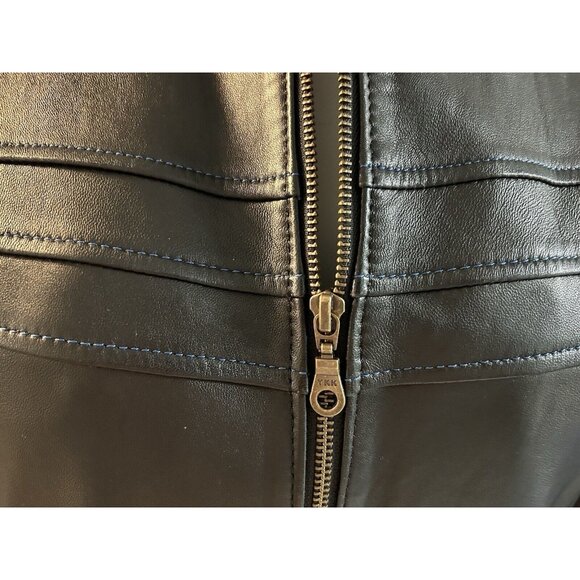 Vtg Pops Black Soft Leather Jacket Full Zip Blue Stitching Unisex Medium Large - Picture 5 of 12